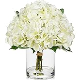 Hollyone Real Touch White Hydrangea Artificial Flowers in Vase Latex Large Faux Hydrangea Flowers Arrangements Hydrangeas Fake Flower with Glass Vase with Faux Water for Table Centerpiece Home Decor