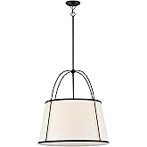 Hinkley Clarke Medium Drum Chandelier Pendant, Off-White Linen Shade, 1-6" and 2-12" Down Rods, Even or Sloped Ceilings, Blac