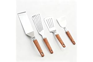 HIFIND Stainless Steel Spatula Set, Grill Tool Set 4-Piece, Heat-Resistant Cooking Spatula Set with Rosewood Handles Cast Iron Skillet - Long Spatula, Small & Large Slotted Spatulas, Ham Spatula
