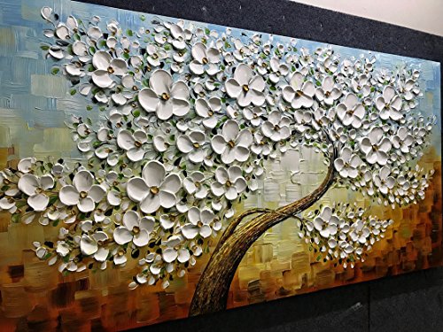 V-inspire Art, 24X48 Inch Oil Paintings on Canvas White Mapple Tree Flowers Art 100% Hand-Painted Abstract Artwork Floral Wall Art For livingroom Bedroom Dinning Room Decorative Pictures Home Decor