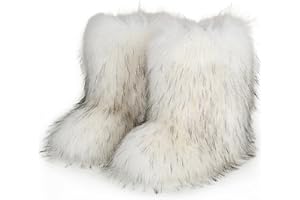 WOVOIE Fur Boots Warm Women's Faux Fur Boot Furry Short Snow Boot Mid-Calf Boots Outdoor Flat Shoes
