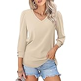 TICTICMISS Women's 3/4 Length Sleeve Tops with Buttons V Neck T Shirts Business Casual Blouses Loose Fit Summer Tunic Clothes