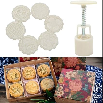 Hand Pressure Maker Mould+ 8 Pcs 100g Flower Stamps Mode Plunger Kit Baking Pastry Decor Tool Plastic Cookies Cutter Moon Cake Mould Kitchen DIY Bakeware Molds 9pcs/Set Round Mooncake Mold