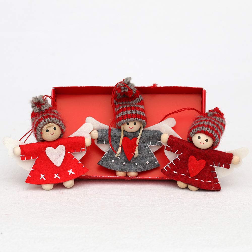 Dekohelden24 Felt Doll Angel with Knitted Hat as Pendant/Tree Decoration Set of 3 Dimensions L x W x H: 1.5 x 5 x 8 cm