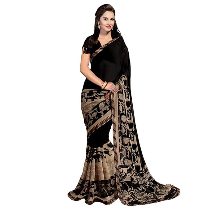 Raniyal Georgette Saree with Blouse Piece (Black Gerog_Black_Free Size)