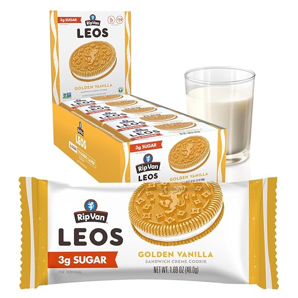 RIP VAN LEOS – GOLDEN VANILLA SANDWICH COOKIES – LOW SUGAR SNACK COOKIES – LOW CARB SNACK – DIABETIC SNACKS – 40 LOW SUGAR COOKIES (10 PACKS OF 1.69OZ)