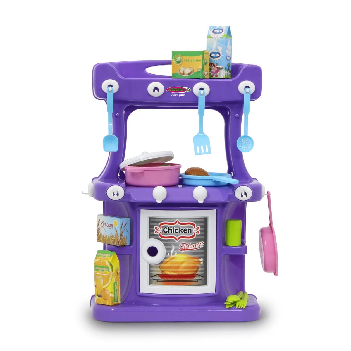 JAMARA Little Cook 460427 Compact Play Kitchen with Lots of Useful Accessories, Shelves for Cooking Utensils and Ingredients, Oven Door Can Be Open, 2 Hobs, 8 Holders, Purple
