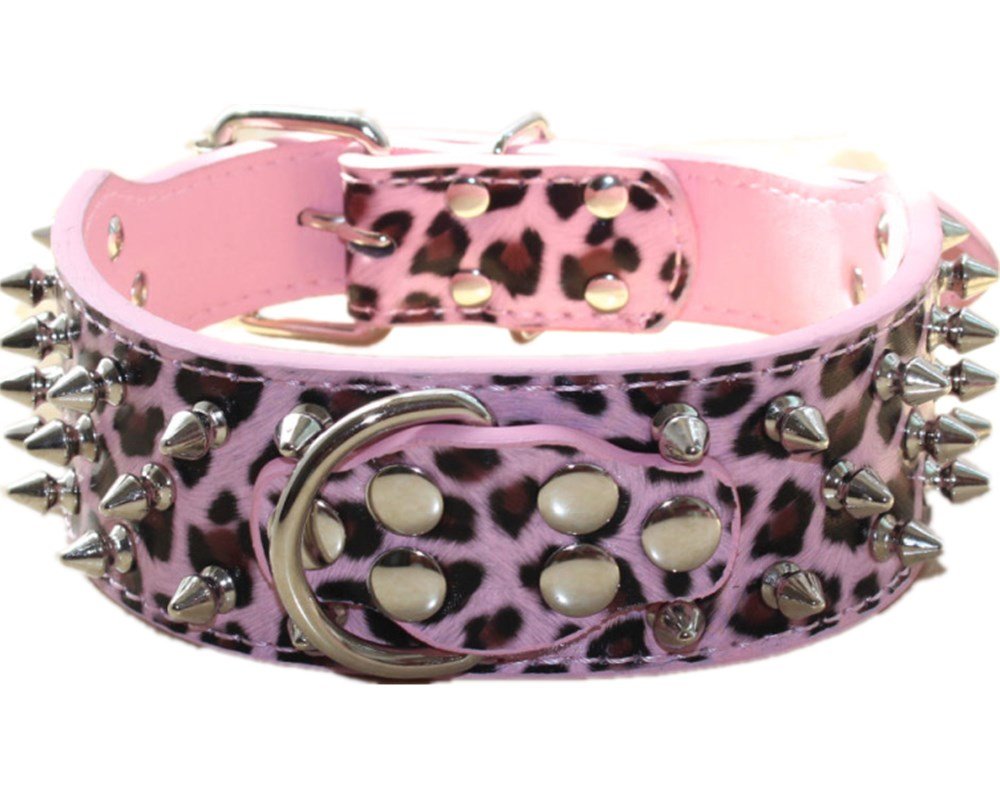 haoyueer Spiked Leather Dog Collar Bullet Rivets Studded 2 Inch Width Stylish Leather Dog Collars for Medium & Large Dogs Pitbull … (L, Pink Leopard)