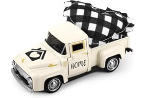 Lemicin Vintage White Mini Metal Truck, Metal Farm Truck Model with Buffalo Check Love Hearts, Vintage Metal Diecast Metal Pickup Tiered Tray Decor for Farmhouse Metal Truck Shelf Table Home Decor