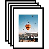 JCJMY 11.7x16.5 A3 Picture Frame Set of 4 Black with A4 Mat, Display Photo 8.3x11.7 with Mat or 11.7 x 16.5 Without Mat, Wall Hanging Large Frame with Plexiglass, 4 Pack, Black