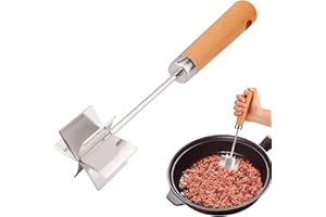 Stainless Steel Meat Chopper with Wooden Handle, 6-Blade Metal Ground Beef Masher Tool Heat Resistant Hamburger Smasher Multi