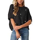 Kedera Womens Short Sleeve Bow Sweater Crewneck Cropped Pearl Top Bow Embellished Top Loose Pullover Thick Knitwear
