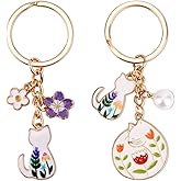 Mikovivi 2pcs Kawaii Cat Key Chains, Enamel Flower Keyring Japanese Keyring Garden Decoration White Cats Keychain Cute Bag Charms for Garden Cat Lovers