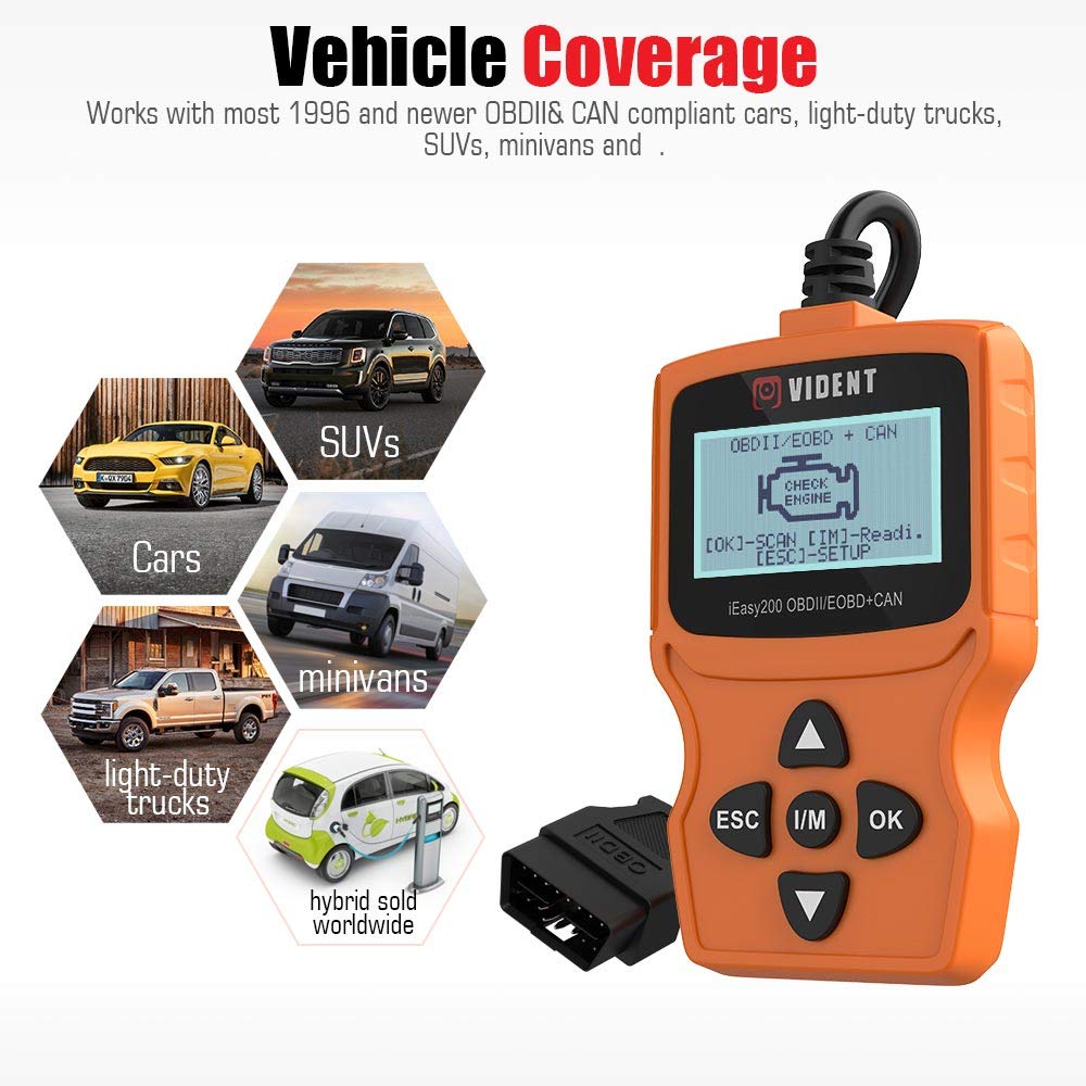 VIDENT iEasy200 OBDII/EOBD CAN Engine Light Scan Tool Car Code Reader with I/M Readiness (iEasy200)