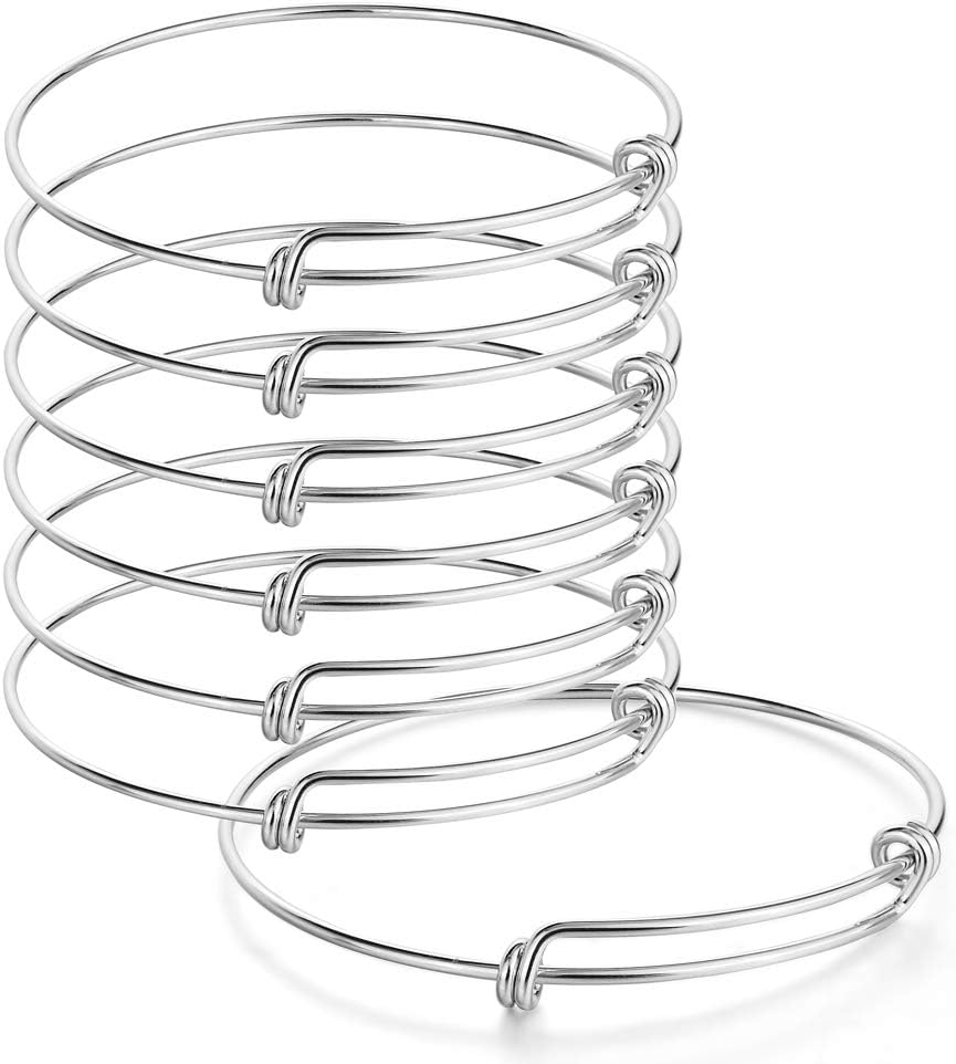 Sromay 8 Pieces Stainless Steel Wire Blank Bangle Bracelet Expandable Charm Bracelet Double Loops Style for DIY Jewelry Making, 2.6 Inch