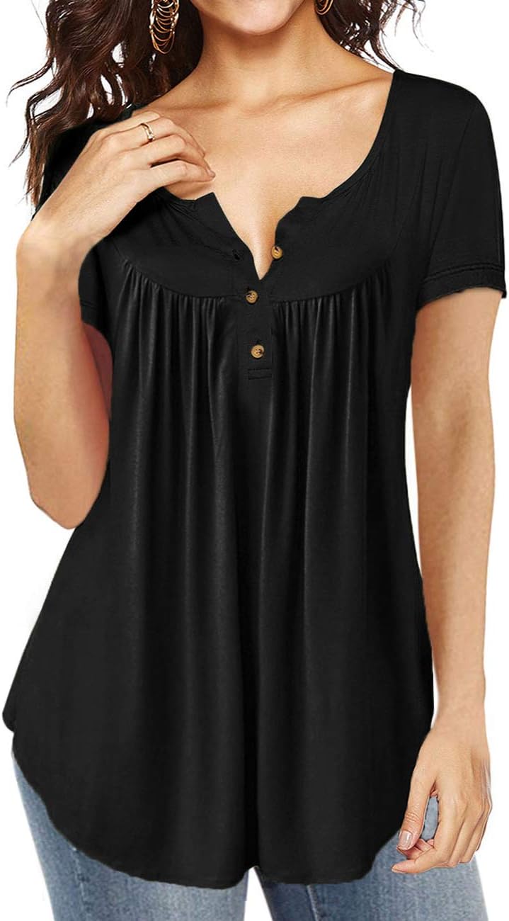 Womens Tie-Dye Tops V Neck Soft T-Shirts Flowy Pleats Tunic Button up Casual Blouses Summer Short Sleeve