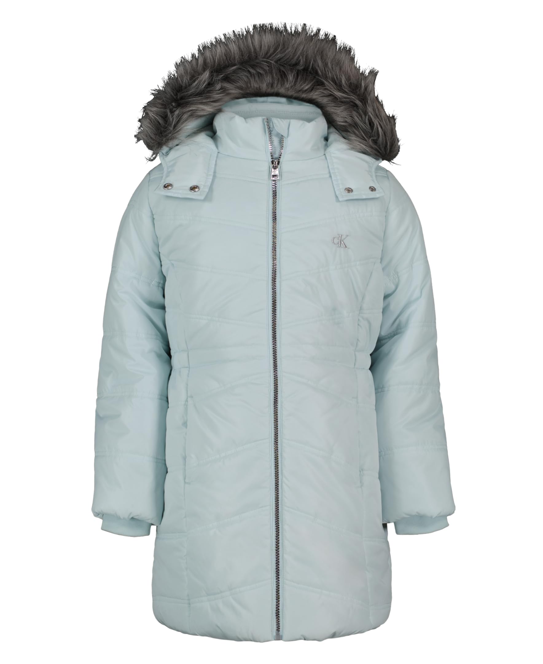 Calvin Klein Girls' Hooded Winter Puffer Jacket, Full-Length Heavyweight Coat with Fleece Lining, Aerial Pastel Blue, 16 Image