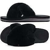 COFACE Womens Fuzzy Slides Fluff Fax Fur Cross Slippers Open Toe Yoga Mat House Slippers Sandals With Arch Support For Indoor/Outdoor