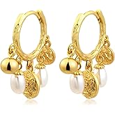 Watforsh 14k Gold Plated Pearl Small Circle Hoop Leverback Huggie White Baroque Pearl Dangle and Drop Vintage Wedding Earrings for Brides Women