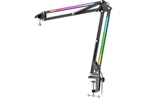 FIFINE Microphone Boom Arm, Metal Adjustable Mic Arm Stand with RGB Control, 3/8” to 5/8” Screw Adapter, Desk Mount Clamp, Suspension Scissor Mic Stand for Gaming Streaming Podcast-AmpliGame BM38