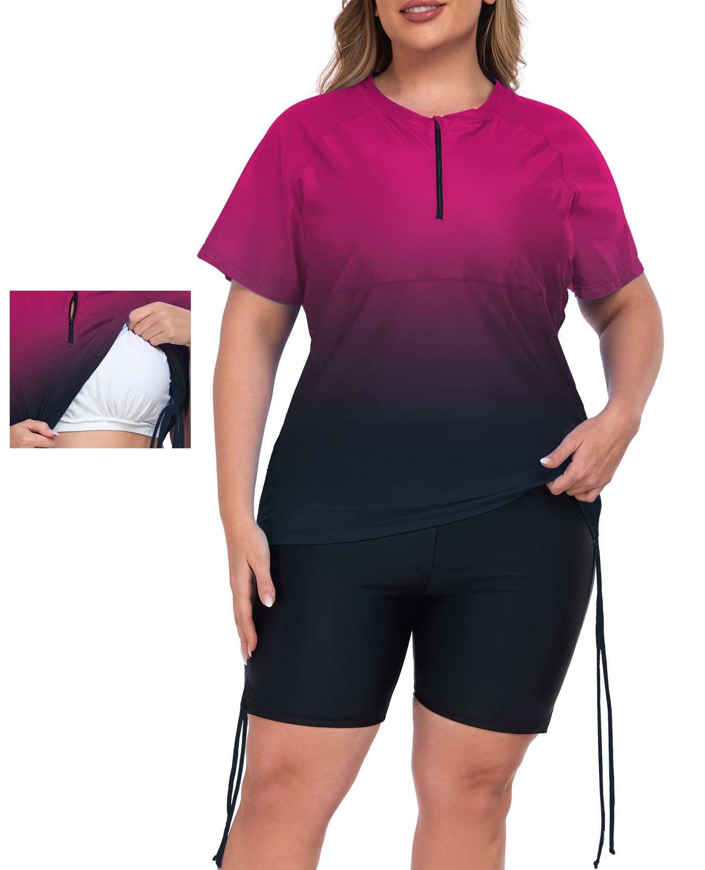 Inno Women's 2 Pcs Plus Size Rash Guard Set with Built-in Bra Zip Swim ...