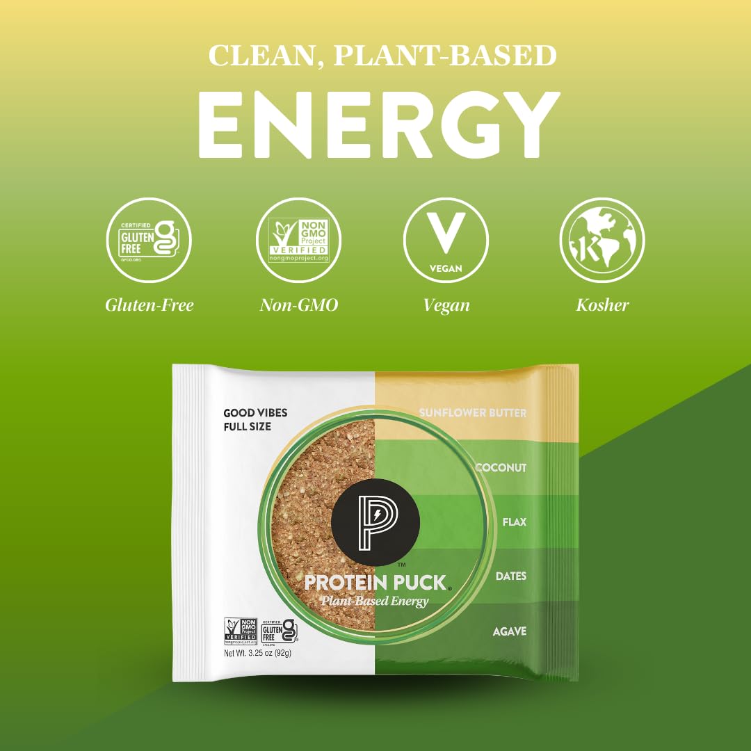 Protein Puck Plant Based Bars | Snacks with Vegan Protein | 16 Count | 3.25 oz Full Size | Gluten Free, Non Dairy, Kosher Certified Non GMO Premium Healthy Bars | Good Vibes