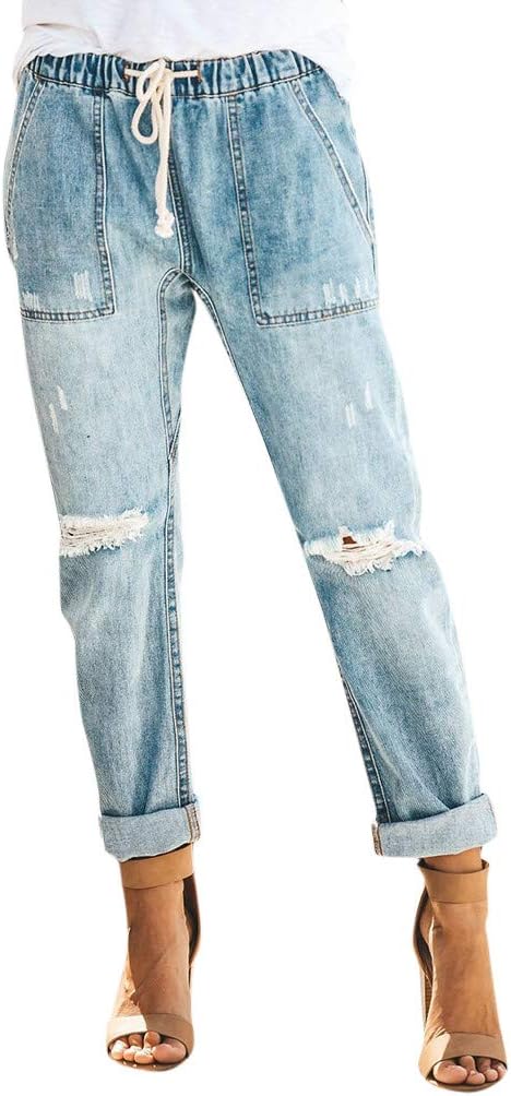 Women Pull-on Distressed Denim Joggers Elastic Waist Stretch Pants