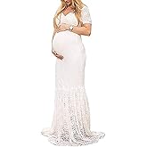 ZIUMUDY Womens Off Shoulder Short Sleeve V Neck Lace Maternity Gown Maxi Photography Dress