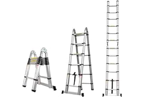 BOWEITI 12.5FT Telescoping Ladder,Telescoping A Frame Ladder with Balance Bar and Movable Wheel,Household Use Folding Ladder,Multi-Purpose Collapsible Ladder for Outdoor Work