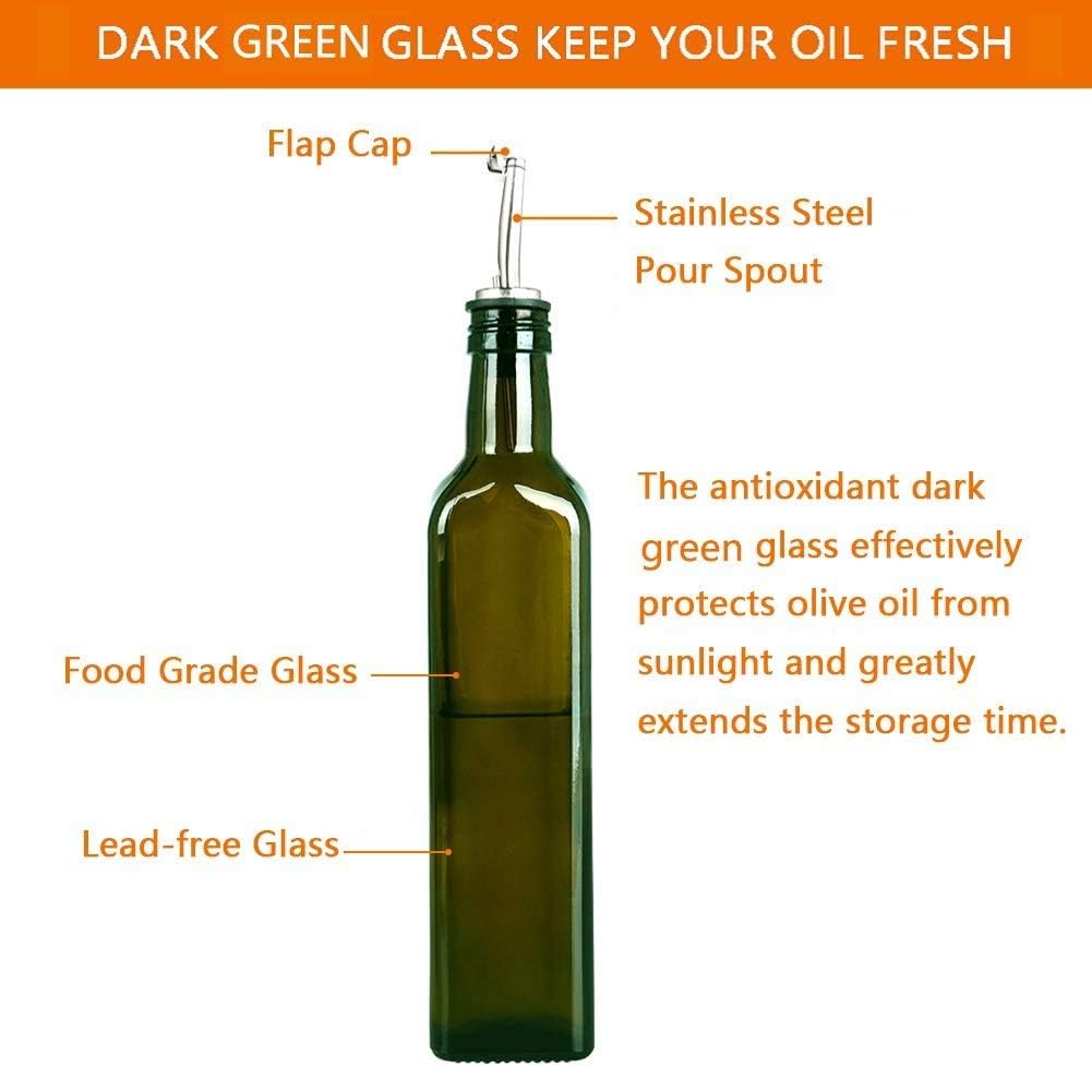 HOTOOLME Olive Oil Bottle Olive Oil Dispenser 500ml Oil Bottle Drizzler 2 Pack Oil Bottles for Kitchen Cruet Set including Spouts,Funnel,Cleaning Brush,Stoppers and Caps - Image 4