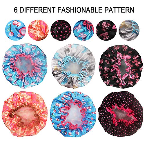 Waterproof Stain Shower Cap 6 Pack Double Layer Large Bath Cap for Women, Kids and Girls