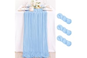 MLMC 3 Pack Light Blue Easter Table Runner Baby Blue Cheesecloth Table Runner 10ft Sheer Rustic Cheese Cloth Baby Shower Table Decor 35x120 Inches for Wedding Gender Reveal Birthday Party Decor