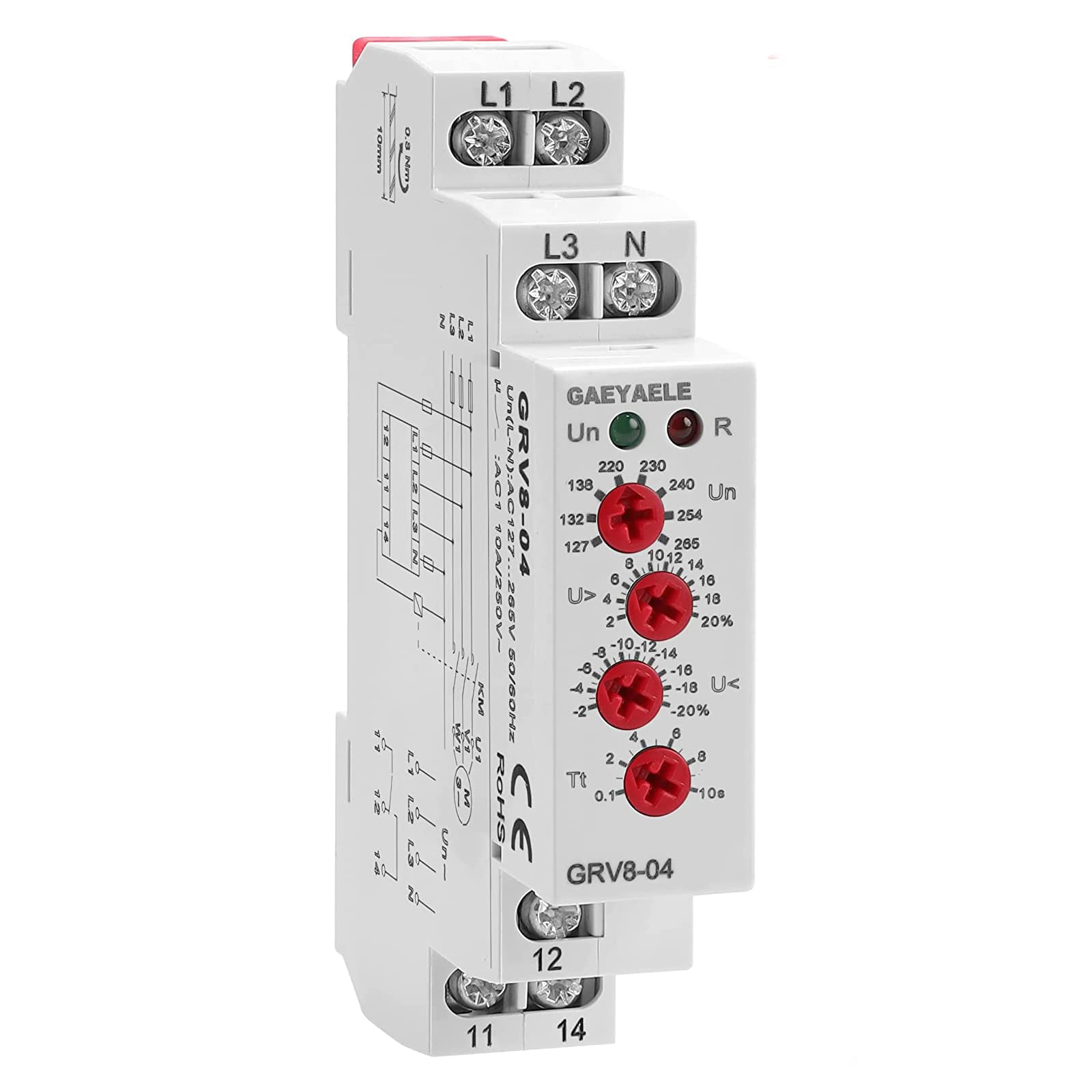GAEYAELE Three Phase Voltage Control Relay Phase Sequence Phase Failure Over Voltage Undervoltage Protection AC127V-265V 10A 1SPDT(GRV8-04,M265)