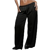 BEAUDRM Women's Satin Wide Leg Pants Drawstring Waist Wide Leg Lounge Casual Loose Trousers