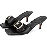 Dsevht Black Kitten Heel Sandals Stiletto Low Heels Slip On Slides Mule Sandal Square Open Toe Dress Shoes for Women