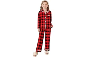 Arshiner Pajamas Set for Girls Plaid Long Sleeve Lounge Set Button Down Pj Sets