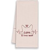 Xmsaitar Funny Pink Dog Love Valentines Kitchen Towels, Pink Love at First Woof Hand Towels Gifts for Bathroom Dog Lovers Owner Mom, Cute Decorative Dish Towels Decor for Kitchen Home 16x24in