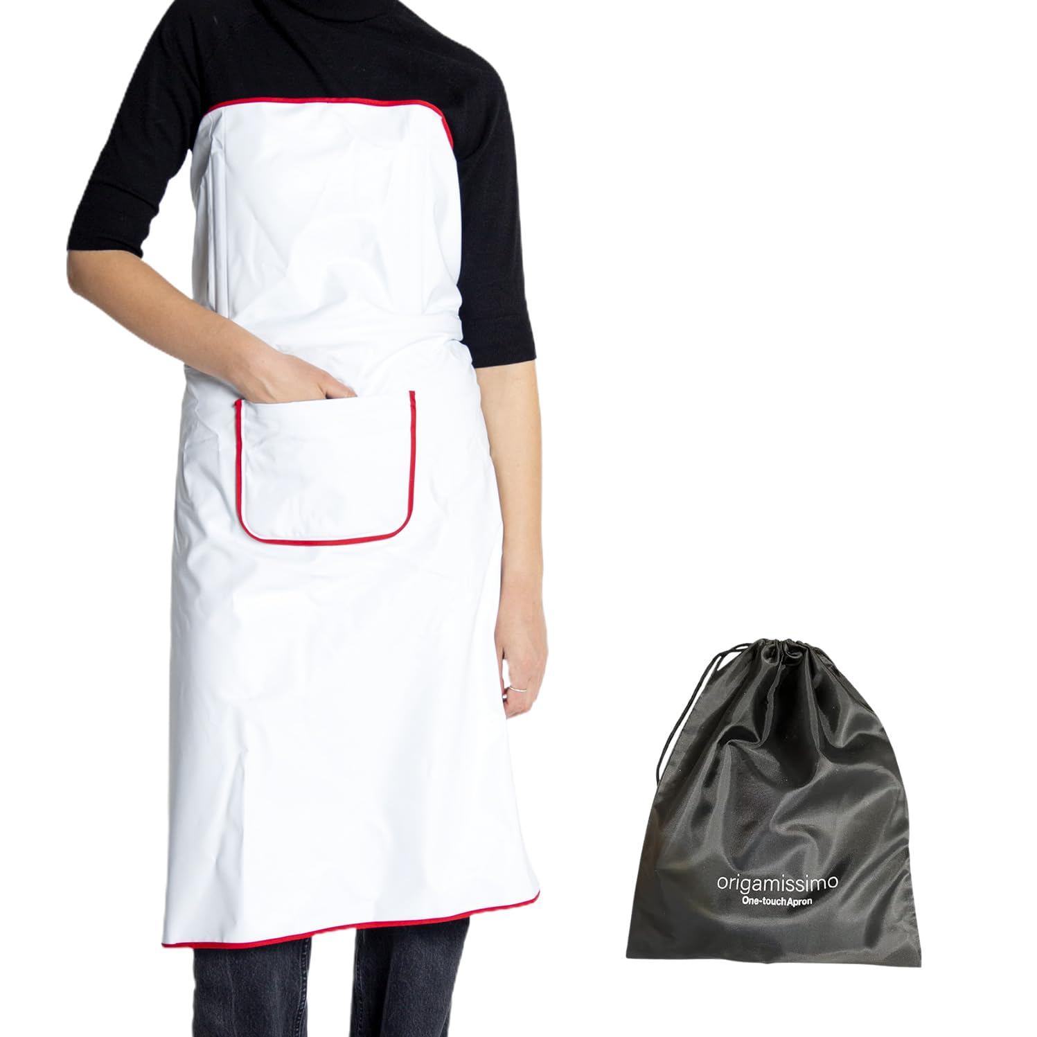 innovex ONE TOUCH APRON PRO WITH POCKET Apron - White and blue kitchen apron without ties - Waterproof apron - Waiter's apron with adjustable headband - Japan Brand