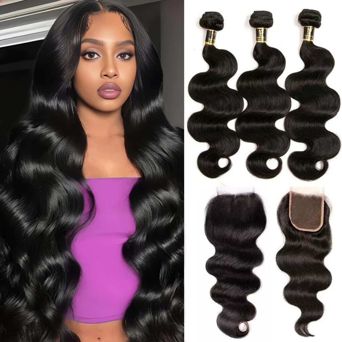 Yavida Body Wave Human Hair Bundles with 4x4 Lace Closure - 100% Unprocessed Brazilian Virgin Hair, Natural Black Color, 14-16-18+12 Inch โ image 1