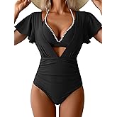 Aidonger Women's Ruffled One Piece Swimsuit Plunge Bathing Suit Tummy Control Swim Suit with Halter Shell Stitched Bikini Top