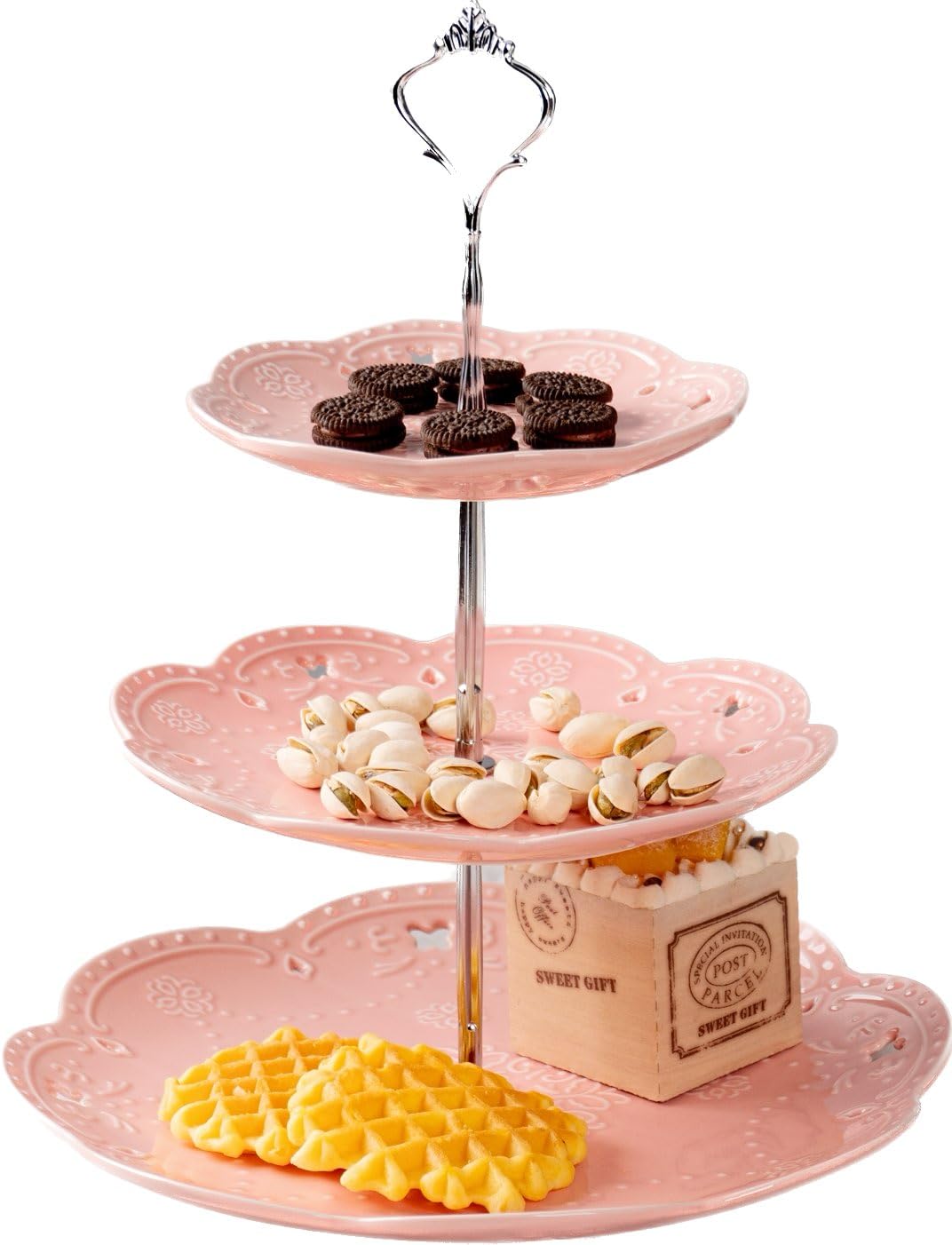 YBK Tech 3-Tier Porcelain Serving Stand, Cake Stand with Embossed Lace Pattern - (Pink, Silver rod)