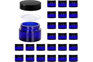 11 HOA KINH 1oz Glass Jar with Lid, Hoa Kinh 25Pack Blue Round Containers Cosmetic Glass Jars with Inner Liners and Black Lids Travel Jars for Storing Lip and Body Scrub, Lotion, Body Butter, Bath Salts, Liquid