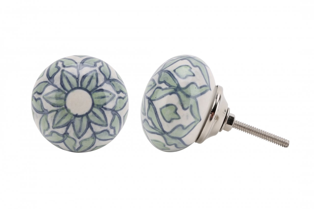 CGB Giftware | Green White Flower Drawer Pull | Upcycle | Furniture Refurbishment | Ceramic | 5cm Diameter | DEL156
