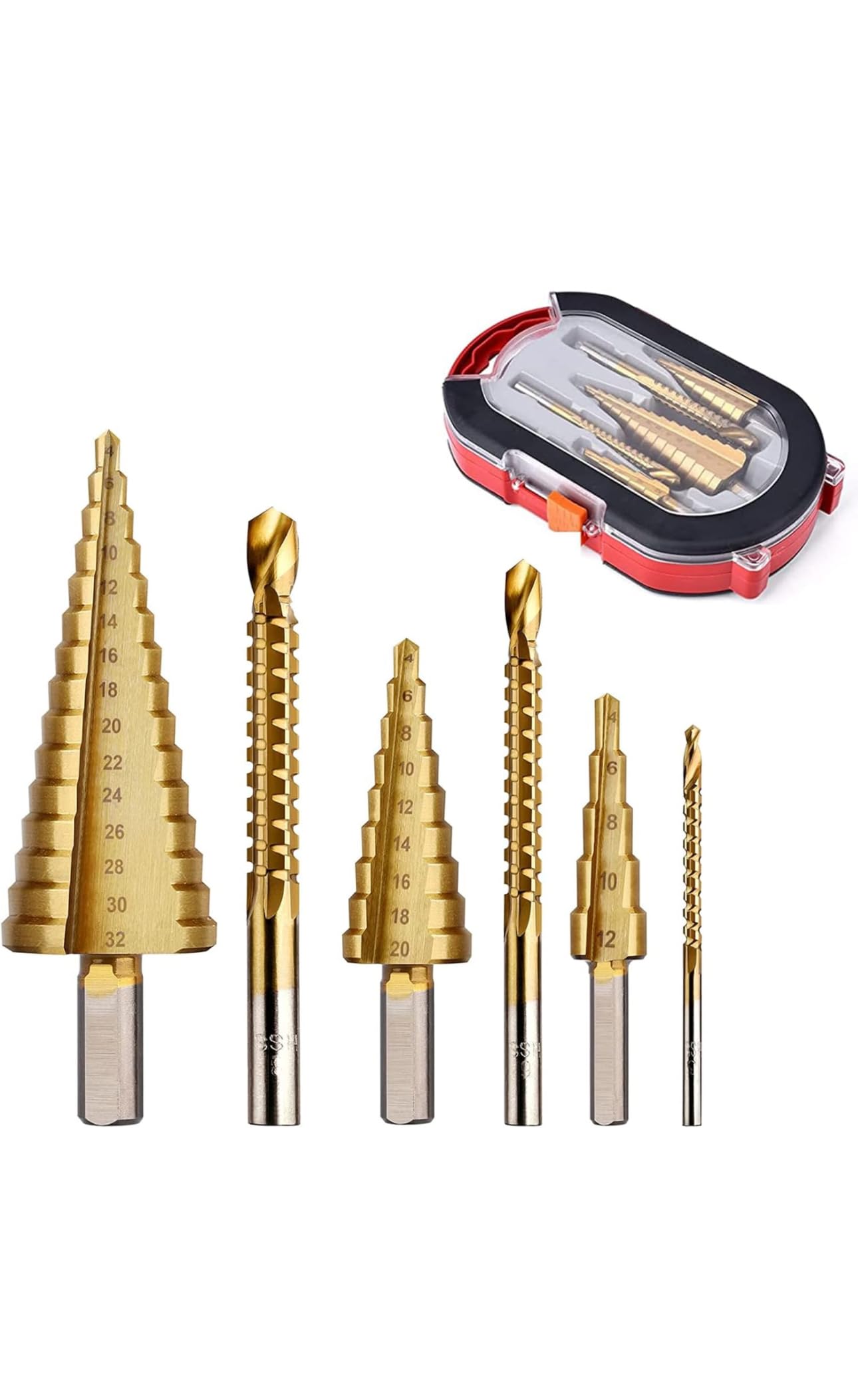 6 Pcs Titanium Coated Drill Bit Set, Including 3 Sizes of Step and Twist Drill Bits for Metalworking, Woodworking, Hole Drilling