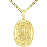 Jewelry America 14k Yellow Gold Sacred Heart of Jesus Christ On Oval Miraculous Medal Pendant with Figaro Chain Necklace