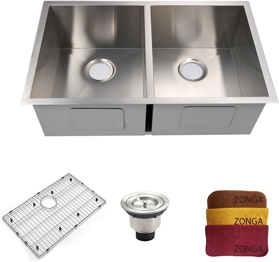 Zonga 18 Gauge Double Bowl, 32" x 19" x 10" Handmade Stainless Steel Kitchen Sinks with Dish Grid, Strainer and 12" x12" Dishcloth 3219