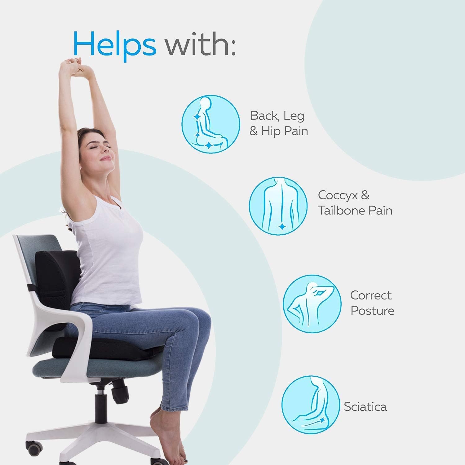 Coccyx Seat Cushion & Lumbar Support Pillow for Office Chair, Car, Wheelchair Memory Foam Chair Cushion for Sciatica, Lower Back & Tailbone Pain Relief Desk Pad with Adjustable Strap 3D Washable Cover : Office Products