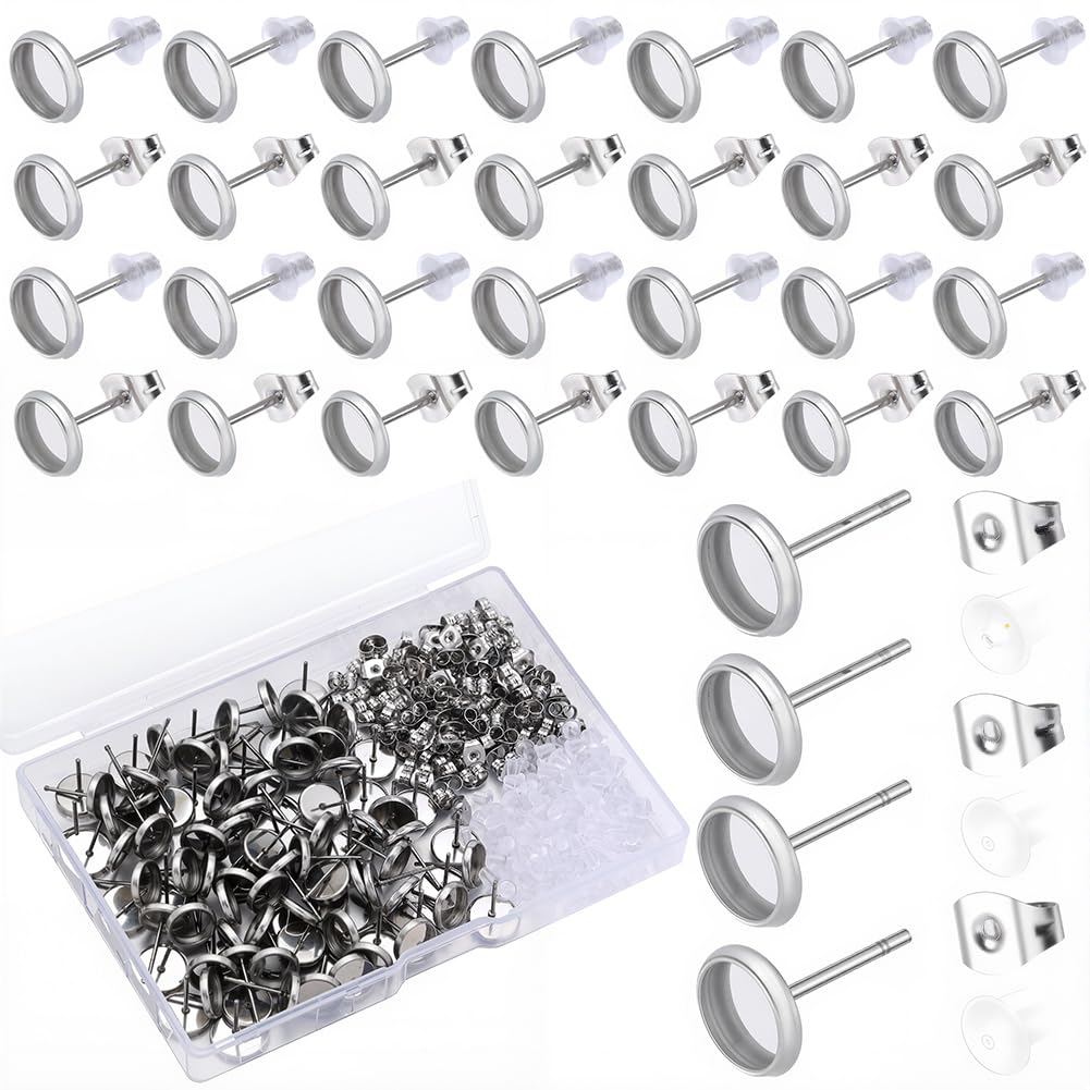 SOFPLATE 1 Box 100Pcs 8Mm Cabochon Stud Earrings Bezel Post Earrings Stainless Steel hypoallergenic Ear Stud with Ear Nut Silver Flat Round Blanks Earring Posts for Jewellery Making Supplies DIY Craft