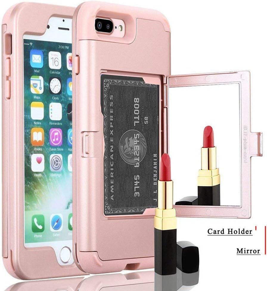 iPhone 7 Plus/8 Plus 5.5" Wallet Case, Ankoe Three Layer Shockproof Protection Heavy Duty Case with Card Holder and Hidden Back Mirror & Kickstand Case for Apple iPhone 8 Plus / 7 Plus (Rose Gold)