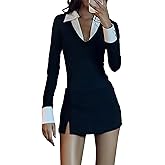 Women Sexy Long Sleeve V Neck Polo Shirt Color Block Collar Patchwork Fitted Top